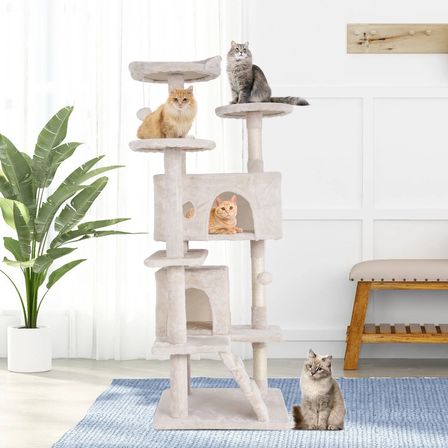 54-In Double Condo Cat Tree Tower Playhouse with Scratching Post & Perch for Indoor, Green