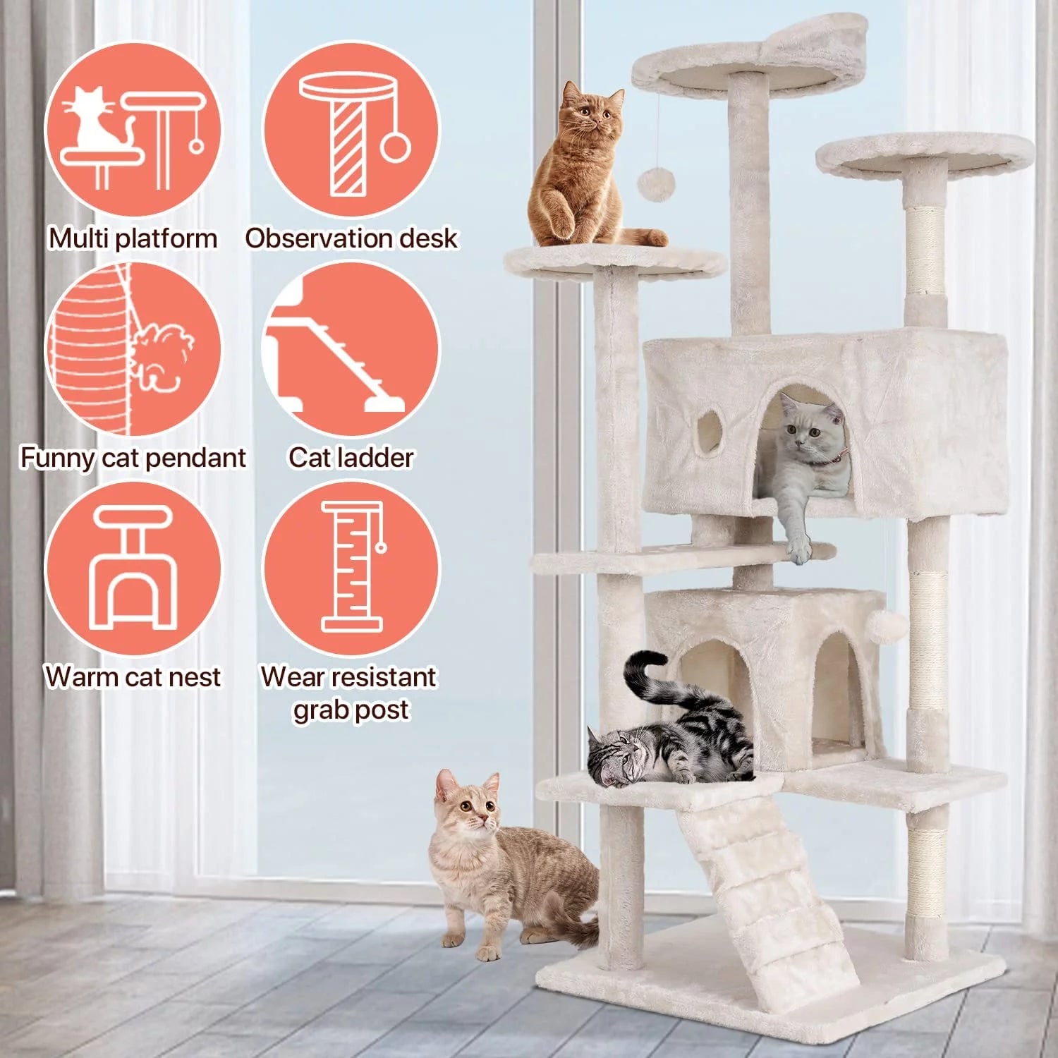 54-In Double Condo Cat Tree Tower Playhouse with Scratching Post & Perch for Indoor, Green