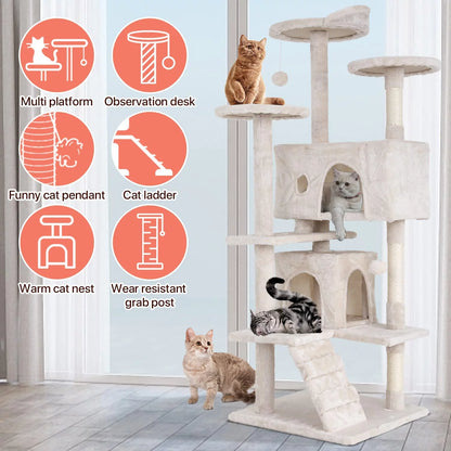 54-In Double Condo Cat Tree Tower Playhouse with Scratching Post & Perch for Indoor, Green