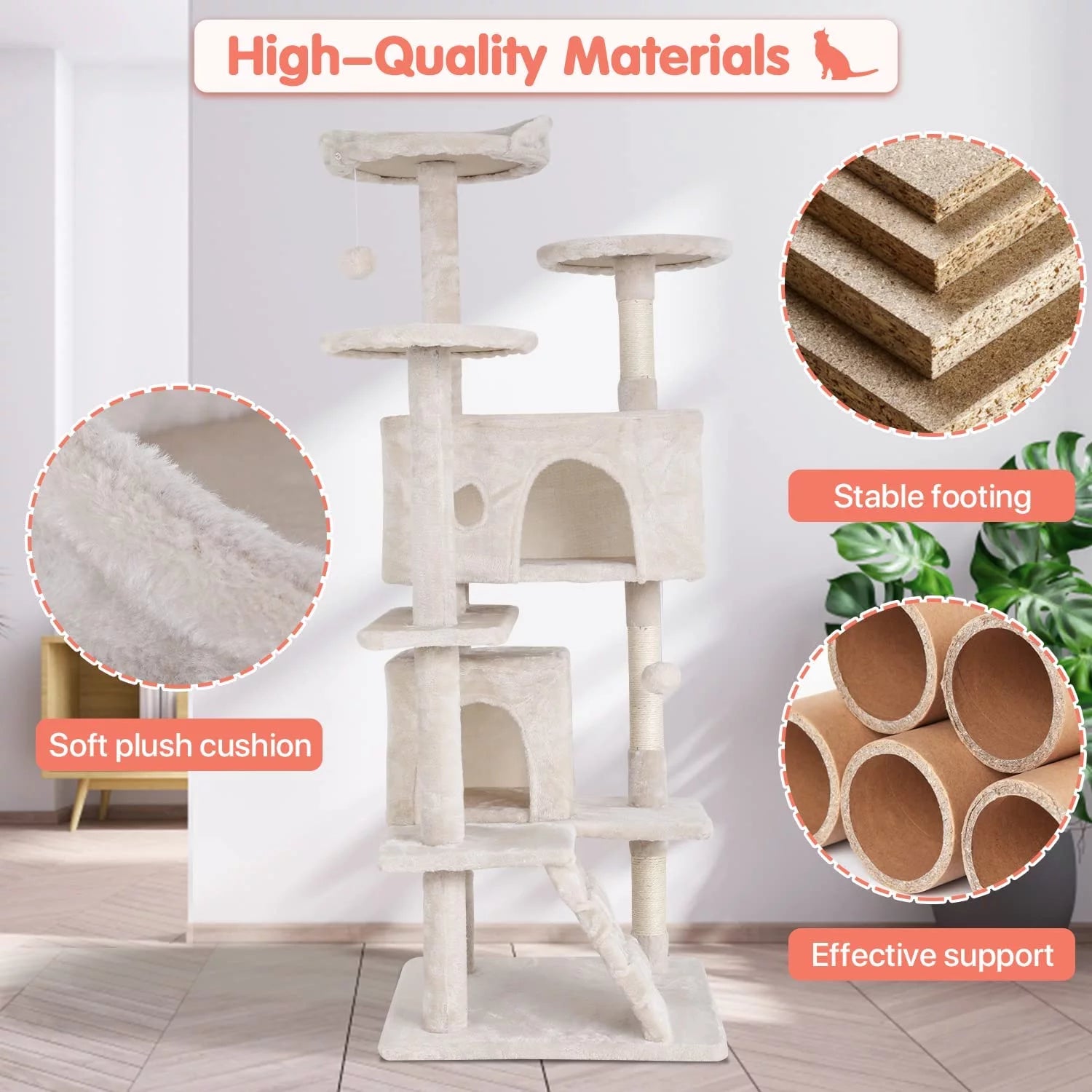 54-In Double Condo Cat Tree Tower Playhouse with Scratching Post & Perch for Indoor, Green