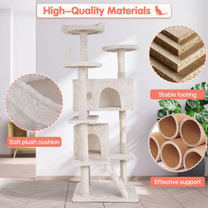 54-In Double Condo Cat Tree Tower Playhouse with Scratching Post & Perch for Indoor, Green