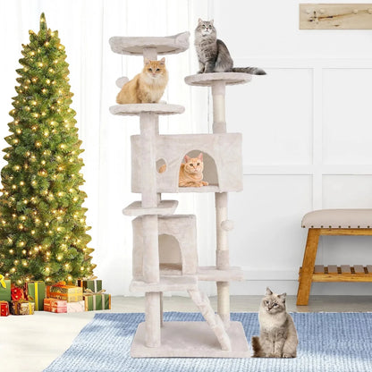 54-In Double Condo Cat Tree Tower Playhouse with Scratching Post & Perch for Indoor, Green